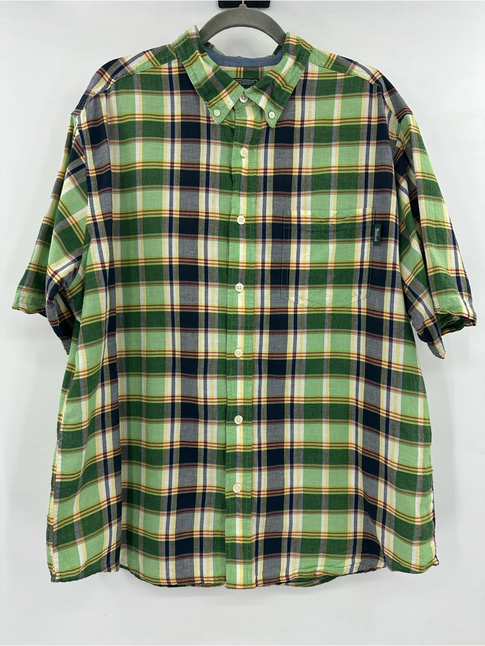 Woolrich Green, Navy, Red, and Yellow Plaid Short-Sleeve Button-Down Shirt